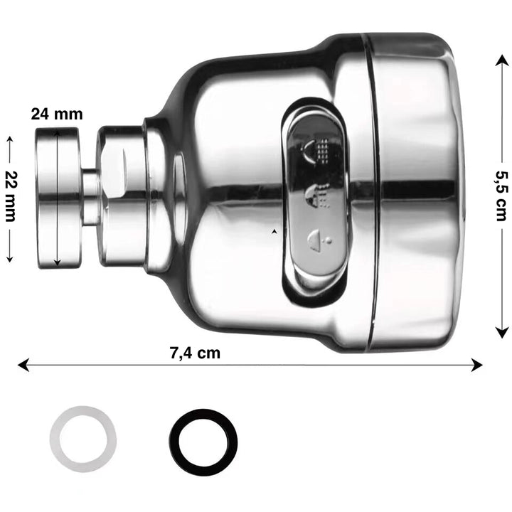 Une petite buse rotative mousseur en argent pour robinet, idéale pour votre cuisine. Offre trois puissances de jets différentes et une flexibilité de 360°. Matériau : ABS, silicone et acier inoxydable. Dimensions : 5,5 x 7,4 cm. Poids : 250g.