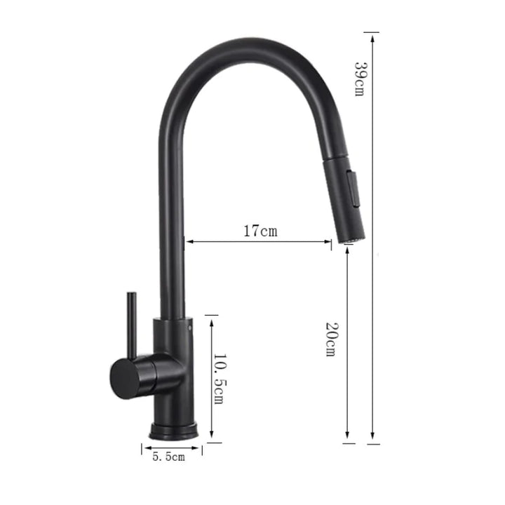 Un robinet de cuisine évier flexible avec douchette en laiton doré. Design minimaliste, élégance moderne. Mitigeur latéral pour régler débit et température. Flexible rétractable de 60 cm, douchette à deux modes de jets. Polyvalent et fonctionnel. Dimensions: 39 x 17 cm. Marque: Atelier Du Robinet.