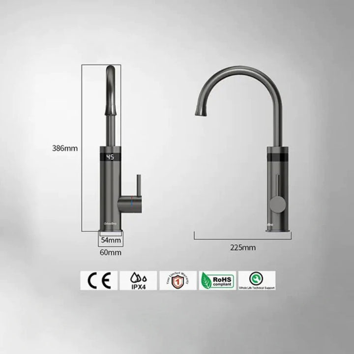 Robinet évier cuisine mitigeur avec affichage numérique thermostatique - Diagramme d'un robinet avec base cylindrique et bec fin évasé, en acier inoxydable 304 blanc et argenté. Affichage numérique intégré pour surveiller la température de l'eau en temps réel. Dimensions: 386 x 225 mm.