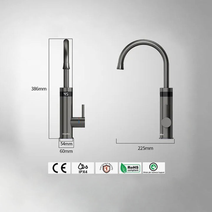 Un robinet évier cuisine avec affichage numérique thermostatique - Argenté. Lignes minimalistes, base cylindrique, bec fin évasé en acier inoxydable 304. Élégance et technologie pour votre cuisine.