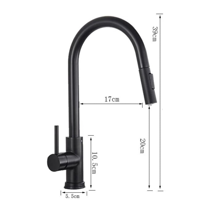 Robinet cuisine évier flexible douchette minimaliste en laiton noir mat avec finitions dorées - Atelier Du Robinet. Design élégant avec mitigeur latéral, flexible rétractable de 60 cm et douchette à deux modes de jets. Utilisation intuitive et polyvalente. Dimensions: 39 x 17 cm.