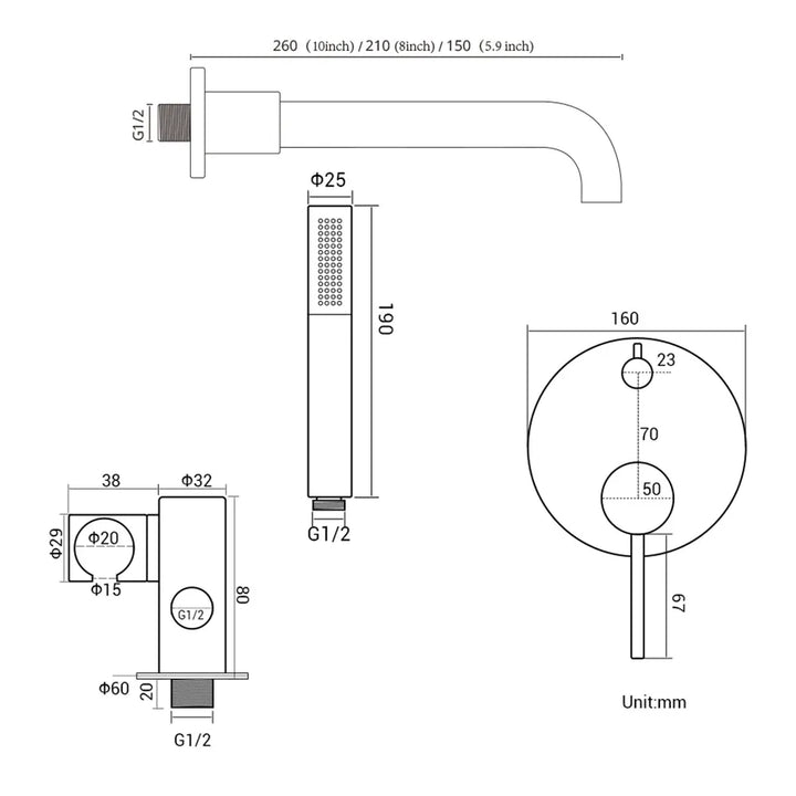 Un diagramme d'un robinet mural encastrable pour baignoire avec mitigeur rond et douchette - Doré. Conception élégante avec bec arrondi et douchette allongée. Idéal pour une salle de bain moderne.