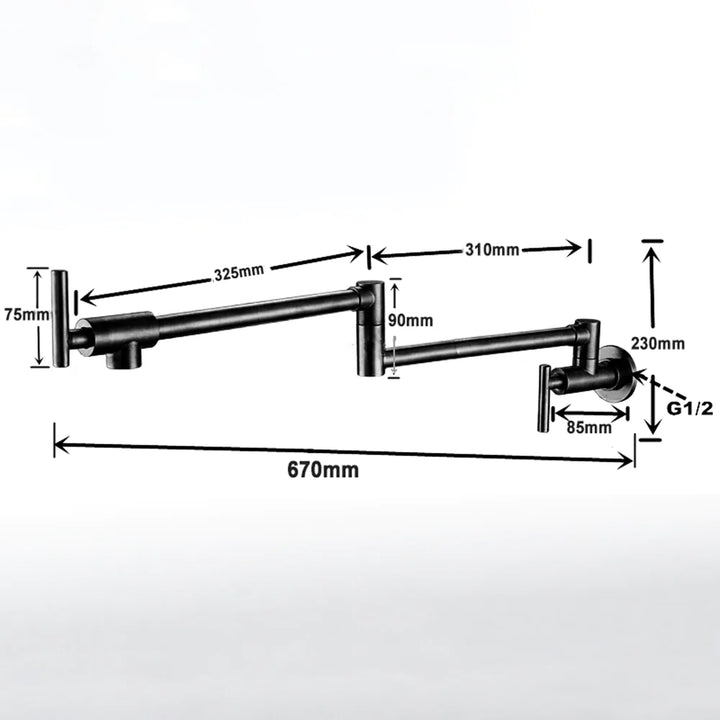 Un schéma d'un robinet de cuisine rabattable en laiton argenté. Solution fonctionnelle et esthétique pour les espaces restreints. Compact lorsqu'il est replié contre le mur, il se déploie jusqu'à 67 cm pour une utilisation quotidienne facile. Contrôle manuel pour la température.