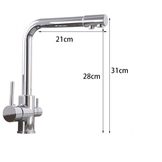 Un robinet cuisine évier purificateur d'eau 3 voies en laiton argenté chromé ou brossé. Rotation à 360°, double sortie pour eau pure et eau chaude/froide réglable. Durabilité et résistance au quotidien. Dimensions : 31 x 28 cm.