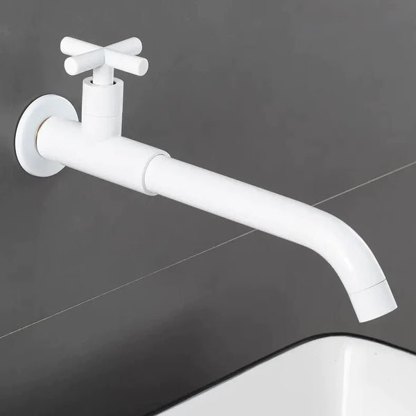 Robinet évier cuisine mural encastrable avec poignée croix - Blanc. Contrôle précis du débit d'eau froide. Design élégant et fonctionnel pour cuisines modernes. Ergonomie renforcée avec bec pivotant à 360°. Robuste et durable pour une expérience d'utilisation sans faille.