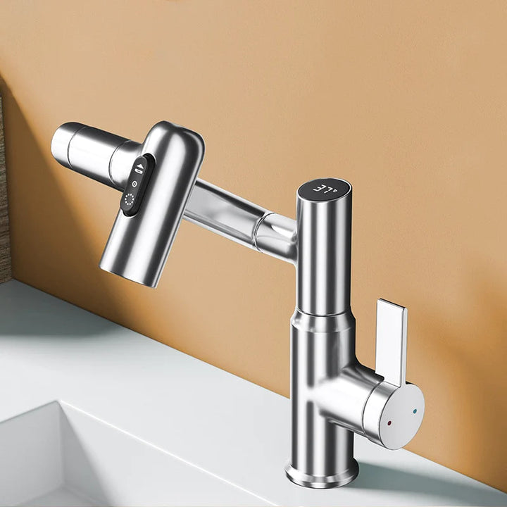 Un robinet en acier inoxydable argenté avec affichage numérique de température et 3 jets pivotants pour lavabo de salle de bain.