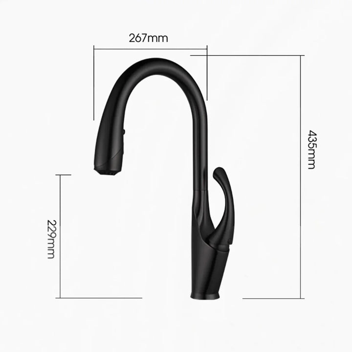 Robinet évier cuisine design moderne flexible douchette en laiton noir et argenté chromé. Mitigeur courbé rappelant une tulipe, douchette avec trois modes de jet. Ergonomie et élégance alliant beauté et fonctionnalité. Dimensions : 435 x 267 mm.