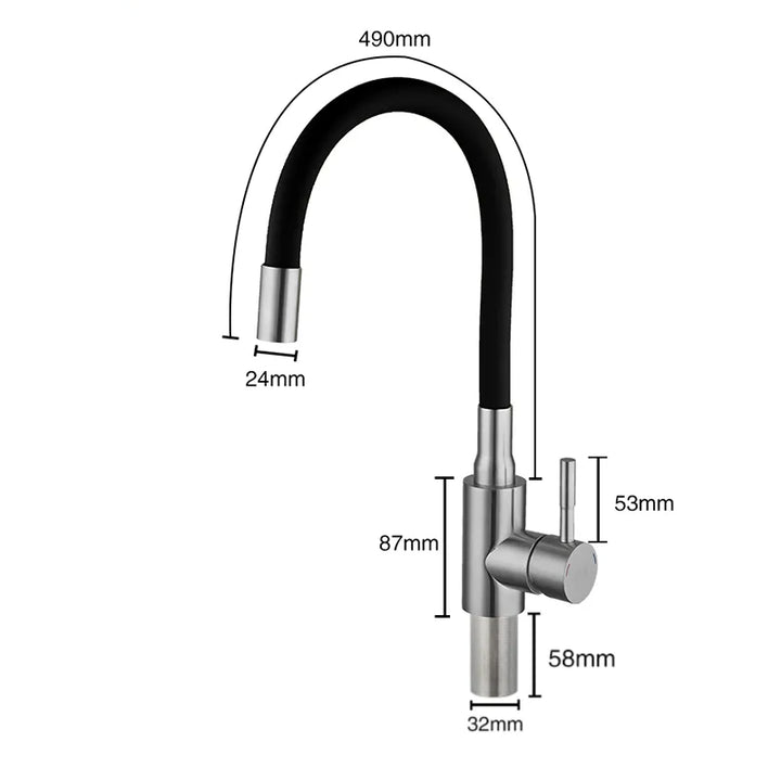 Robinet évier cuisine flexible coloré mitigeur - Argenté: diagramme d'un robinet avec mesure, valve en céramique robuste, acier inoxydable 304, design esthétique et fonctionnel.