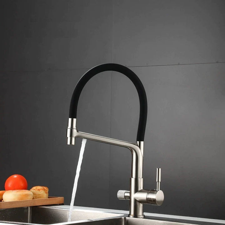 Un robinet de cuisine évier flexible avec double robinet purificateur d'eau en laiton argenté. Design minimaliste et fonctionnalités avancées.