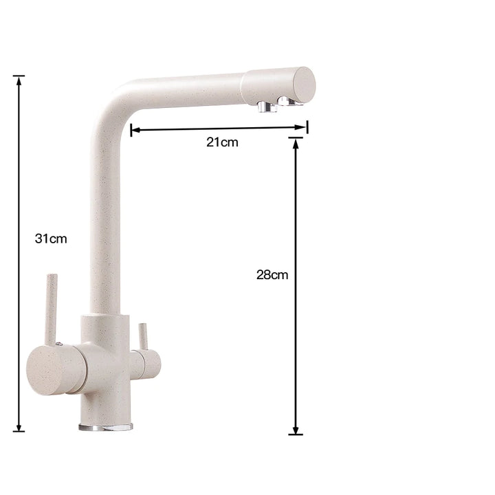 Robinet cuisine évier purificateur d'eau 3 voies - Noir - Laiton. Rotation 360°, double sortie pour eau pure et chaude/froide réglable. Durabilité et résistance au quotidien. Dimensions: 31 x 28 cm.