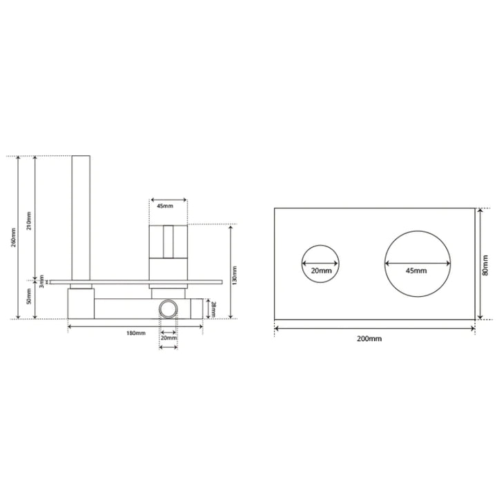 Un dessin technique d'un robinet mural encastrable en laiton argenté pour salle de bain. Le robinet fin et arrondi est mis en valeur par une plaque rectangulaire arrondie et un bouton de contrôle de la température et du débit. Un ajout luxueux et sophistiqué à votre espace bain.