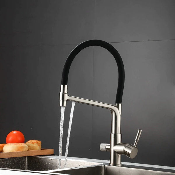 Un robinet de cuisine évier flexible avec double robinet purificateur d'eau en laiton - Argenté - Laiton.