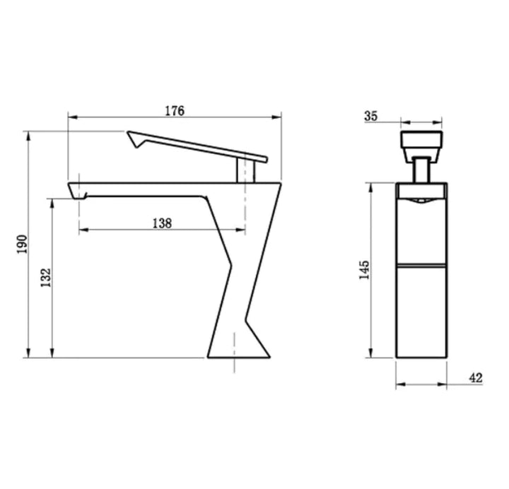 Un dessin d'un robinet lavabo salle de bain au design géométrique mitigeur en laiton blanc mat. Lignes angulaires évoquant un origami pour un look audacieux et élégant. Gestion optimale de la température et du débit. Idéal pour une salle de bains contemporaine.