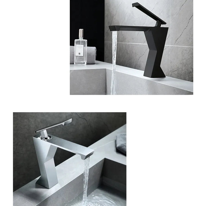 Un robinet lavabo salle de bain design géométrique mitigeur en laiton noir mat avec eau qui coule.