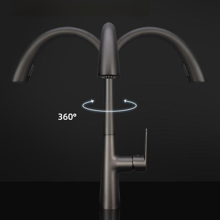 Robinet évier cuisine mitigeur design arrondi flexible douchette - Argenté foncé brossé. Fonctionnalité exceptionnelle avec rotation à 360° et modes de jet variés. Alliage de zinc argenté chromé. Dimensions : 440 x 250 mm.