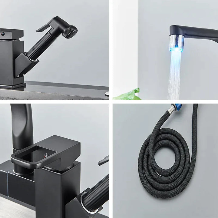 Robinet évier cuisine design mitigeur led flexible douchette pistolet - Noir - Laiton. Collage de différents types de robinets avec un bec pivotant à 360° équipé d'une LED illuminant l'eau qui s'en écoule.