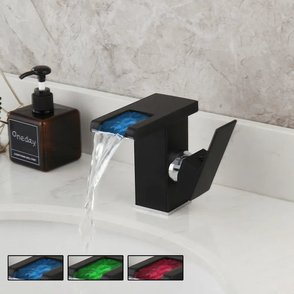 Robinet lavabo salle de bain design cascade led température - Noir