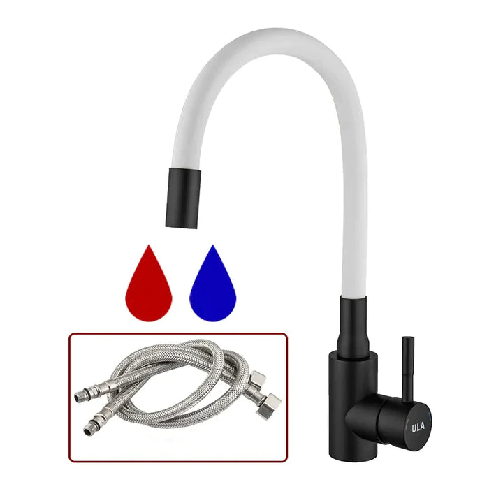 Robinet évier cuisine flexible coloré mitigeur - Noir mat avec tuyau d'eau et gouttes d'eau. Conçu en acier inoxydable 304 avec valve en céramique robuste. Parfait pour une cuisine moderne alliant style et praticité.