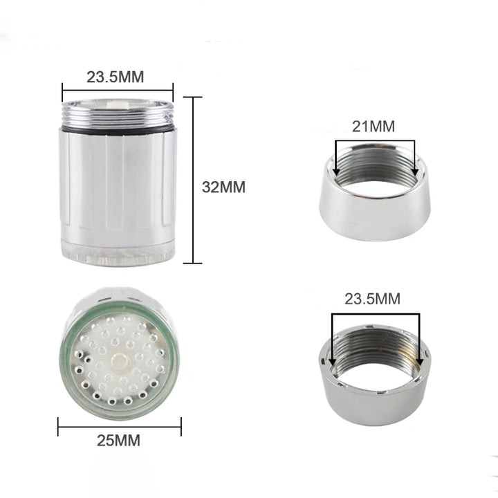 Un groupe d'objets en argent de différentes tailles et quantités, comprenant un anneau métallique et un robinet avec LED changeante selon la température. Tête de robinet mousseur à LED couleur changement température - Argenté. Compatible avec divers types de robinets.