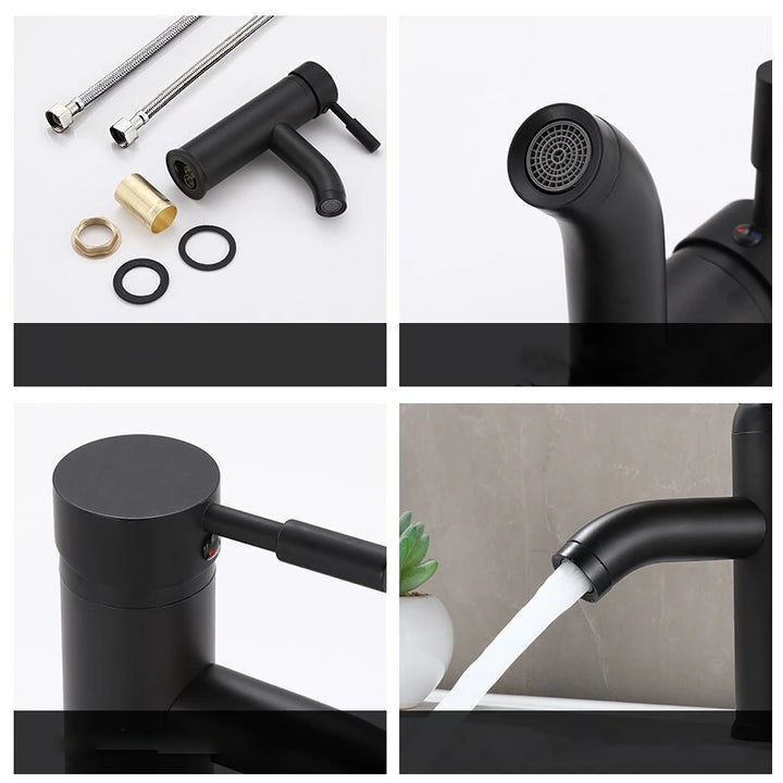 Un mitigeur minimaliste noir mat pour robinet lavabo salle de bain - élégance sobre et moderne, design en acier inoxydable, poignée ergonomique pour une manipulation confortable au quotidien. Disponible en deux hauteurs pour s'adapter à votre vasque.