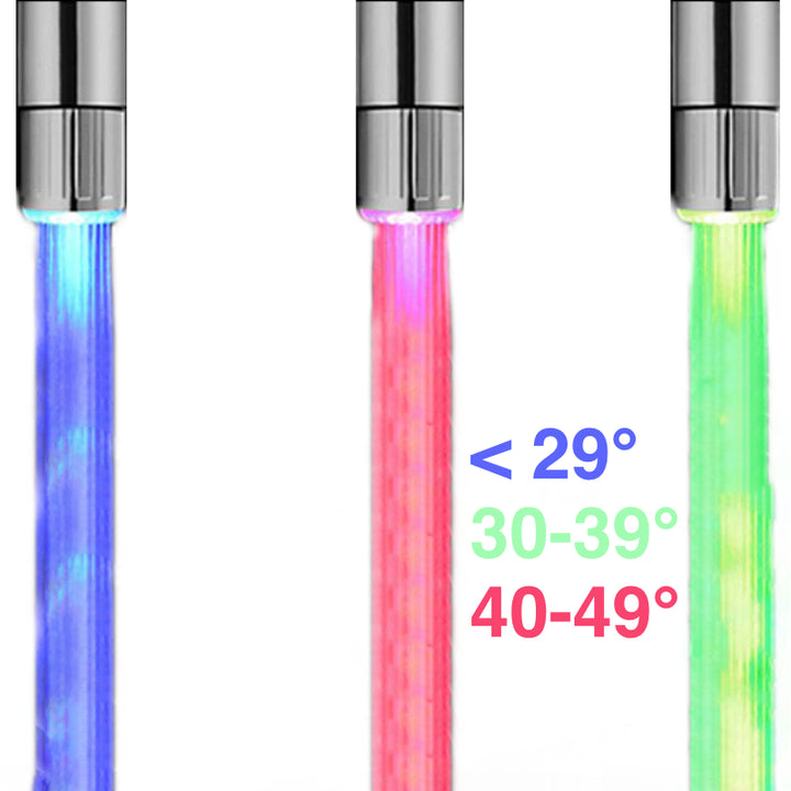 Un groupe de lumières colorées sortant d'un tube en métal. Tête de robinet mousseur à LED changeante selon la température - Argenté. Compatible avec divers types de robinets. Matériau en ABS robuste et finition argentée. Élégant et fonctionnel.