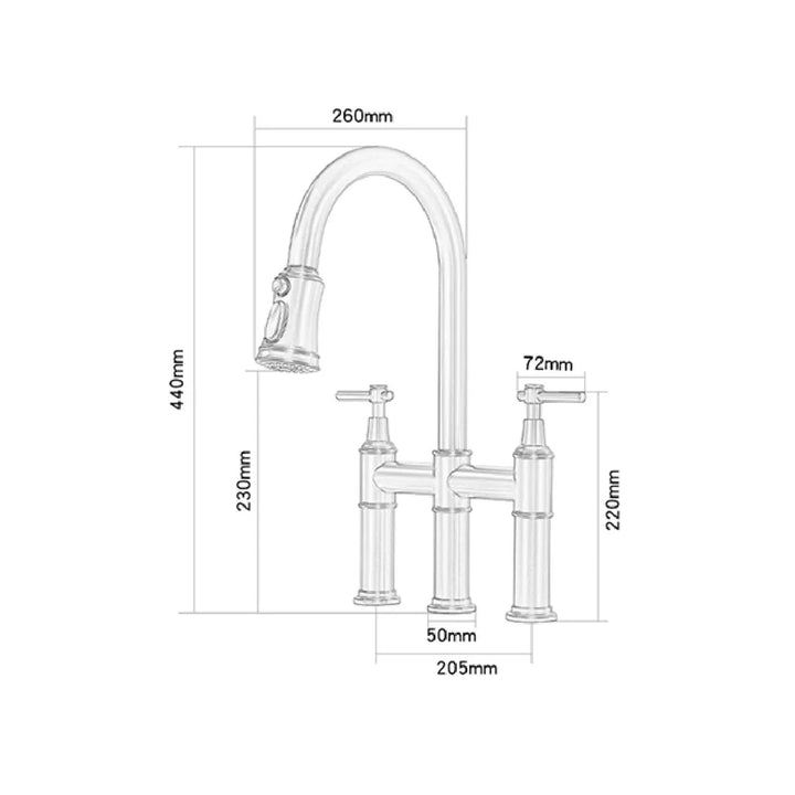 Un robinet évier cuisine rétro flexible douchette en laiton noir mat. Contrôle précis avec deux poignées distinctes pour l'eau chaude et froide. Rotation à 360° et combinaison parfaite entre vintage et modernité.