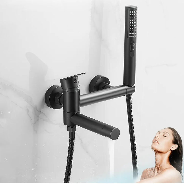 Robinet baignoire design moderne en laiton noir avec douchette cylindrique à double jet. Sortie d'eau pivotante à 90°. Parfait pour une salle de bain contemporaine.