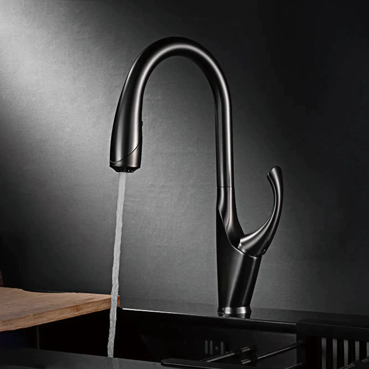 Un robinet évier cuisine en laiton argenté avec eau qui coule - design moderne et flexible douchette. Technologie tactile pour un écoulement automatique.