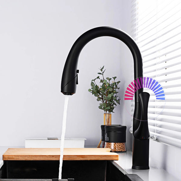 Un robinet évier cuisine design moderne flexible douchette en laiton noir mat avec eau qui coule. Expérience optimale avec trois modes de jet et rotation à 360°. Dimensions: 435 x 267 mm.