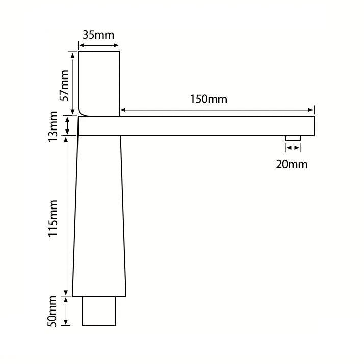 Un dessin d'un robinet lavabo minimaliste à design géométrique en laiton noir mat. Poignée arrondie pour un contrôle facile du débit et de la température de l'eau. Idéal pour les lavabos et les lave-mains avec des formes arrondies et des lignes épurées.