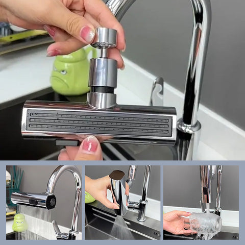 Une collage de mains tenant un robinet pivotant avec 3 modes de jet - Argenté. Parfait pour cuisine ou salle de bain, cet accessoire en acier inoxydable offre une flexibilité de 360°. Trois modes de jets différents pour répondre à tous vos besoins de lavage et de nettoyage.