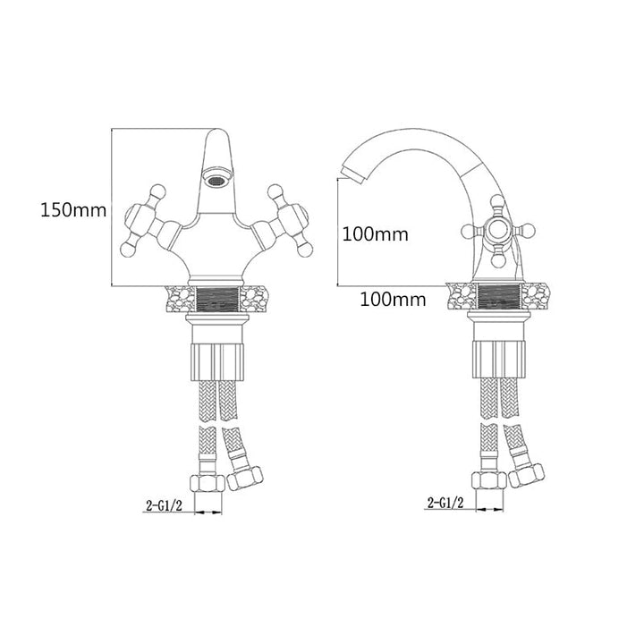 Robinet lavabo salle de bain rétro double poignées en laiton bronze brossé - Élégant dessin technique d'un robinet avec deux poignées distinctes pour l'eau chaude et froide. Parfait pour une ambiance nostalgique ou moderne. Dimensions : 150 x 100 mm. Poids : 862 g.