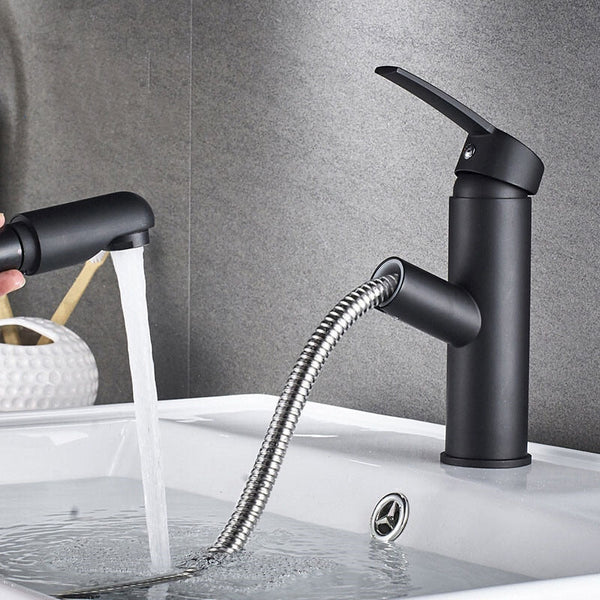 Un robinet lavabo salle de bain flexible noir mat avec douchette et flexible extensible jusqu'à 60 cm. Esthétique et fonctionnel, ce robinet réinvente votre salle de bain.