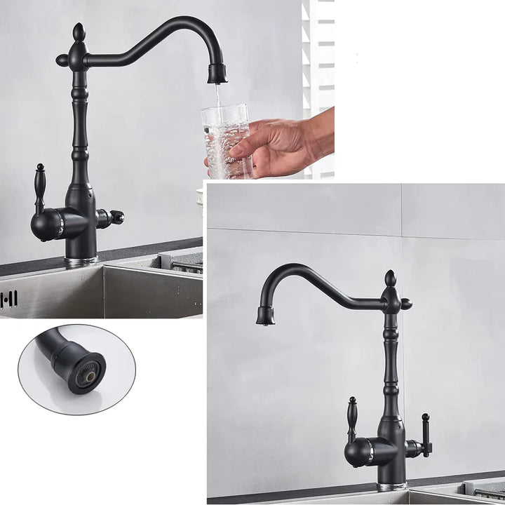 Un robinet d'évier de cuisine rétro avec mitigeur purificateur d'eau en laiton noir mat. Jet classique et purificateur pour une eau saine à boire. Contrôle précis du débit et de la température avec deux poignées distinctes. Dimensions : 340 x 285 mm.