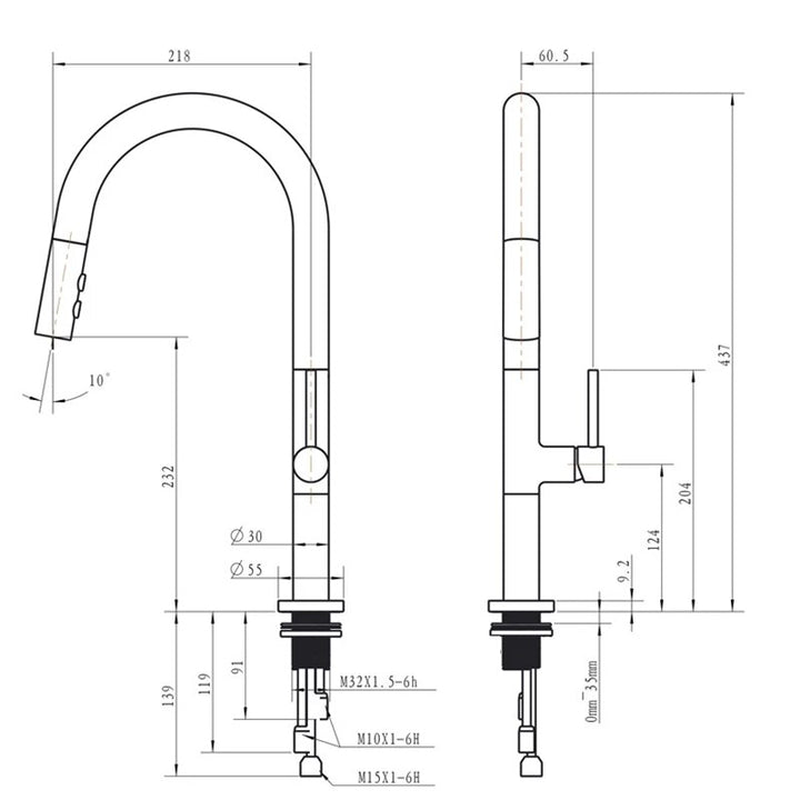 Un schéma d'un robinet évier avec douchette dorée rose et bec noir cylindrique, ajoutant une élégance contemporaine à votre cuisine.