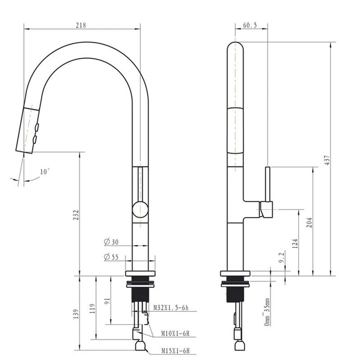 Un robinet évier cuisine avec douchette dorée rose et bec cylindrique blanc. Design minimaliste et élégance contemporaine. Bec pivotant à 360° et deux modes d'écoulement d'eau. Matériau en laiton. Dimensions : 437 x 218 mm. Par Atelier Du Robinet.