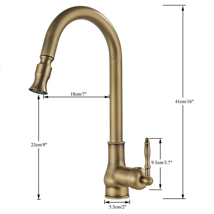 Robinet évier cuisine rétro flexible rétractable Vintage - Noir - Laiton. Diagramme d'un robinet avec un design noir brossé en laiton et une poignée de mitigeur latérale. Flexible rétractable et pivotant pour une utilisation pratique dans la cuisine.