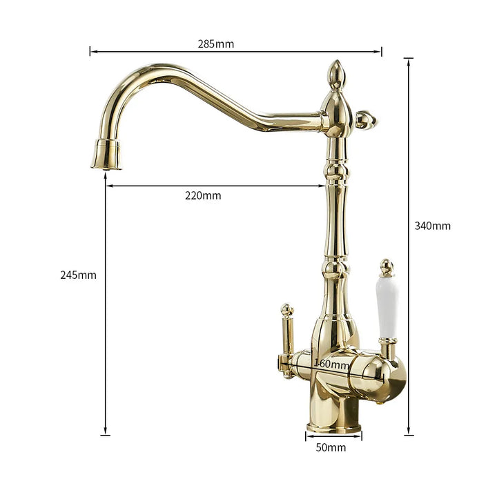 Un robinet évier cuisine rétro en laiton doré avec double sortie et mitigeur purificateur d'eau. Apporte une touche d'élégance à votre cuisine. Contrôle précis du débit et de la température. Dimensions : 340 x 285 mm.