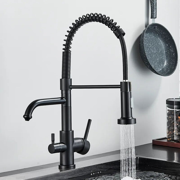 Un robinet noir en laiton avec de l'eau qui coule, douchette et purificateur d'eau pour évier de cuisine. Design industriel et esthétique moderne.