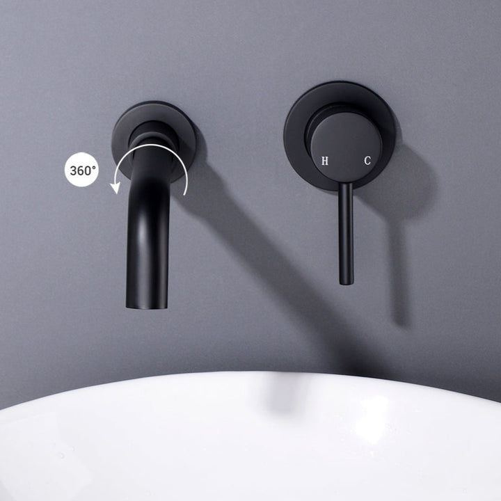 Un robinet salle de bain lavabo encastrable en noir mat avec un design minimaliste en laiton écologique. Réglage manuel et bec rotatif à 360° pour une utilisation facile et pratique.