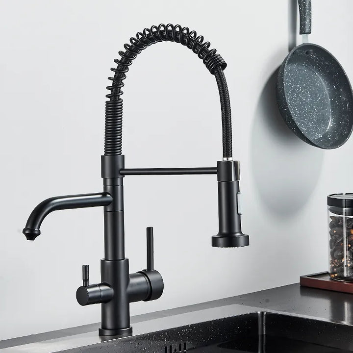 Un robinet évier cuisine noir en laiton avec douchette et purificateur d'eau. Design industriel avec flexible orné d'un ressort.