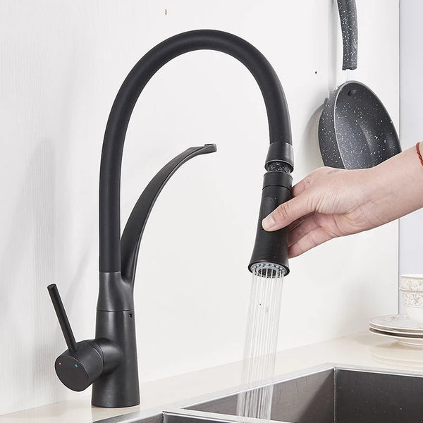 Un robinet d'évier de cuisine noir avec tuyau et douchette mitigeur en laiton. Design moderne et épuré, rotation à 360° pour une expérience de nettoyage optimisée.