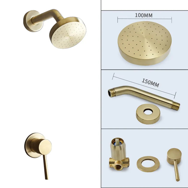 Un collage de différents types de pommeau de douche mural encastrable minimaliste - Doré - Laiton. Un pommeau de douche circulaire en or avec des trous, un bras long, un cercle en or avec un trou, un bouton en gros plan, une poignée en gros plan, un tuyau en laiton en gros plan, un pommeau de douche en or et un col rond, un objet circulaire avec un trou, un objet en or en gros plan.