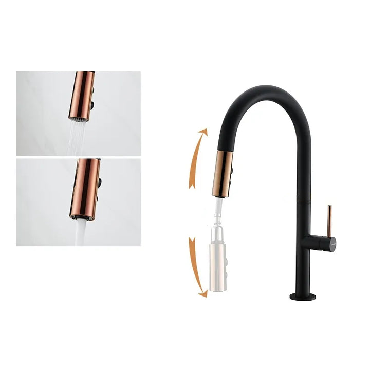 Un robinet évier cuisine douchette dorée rose avec poignée noire en laiton. Design minimaliste avec bec noir cylindrique, ajoutant une élégance contemporaine. Bec pivotant à 360° et deux modes d'écoulement d'eau pour une expérience fluide et adaptable.