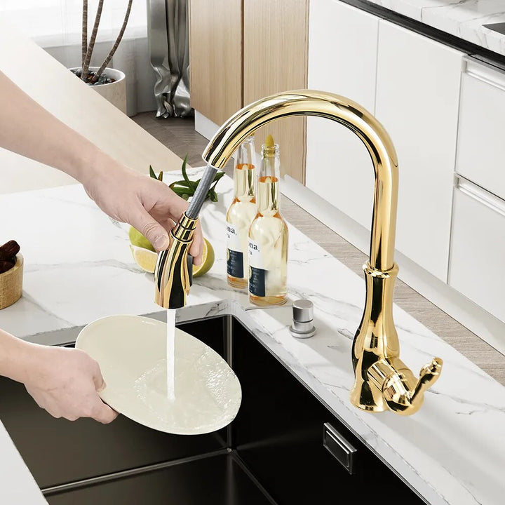 Un robinet de cuisine rétro avec flexible douchette en laiton doré brillant. Design vintage élégant avec une touche de modernité grâce au flexible intégré au bec. Douchette à deux modes pour un ajustement personnalisé. Rotation à 360° pour une fonctionnalité optimale.