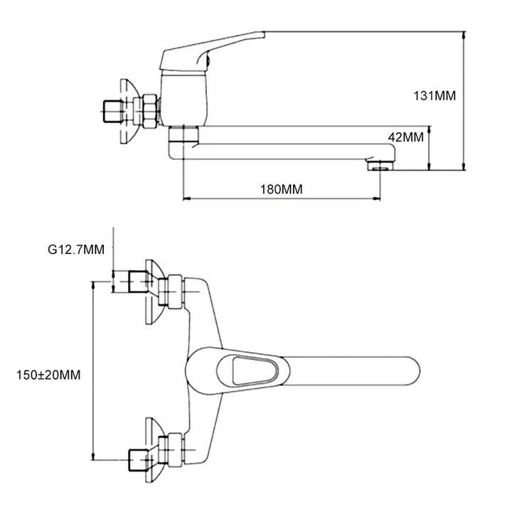 Un dessin d'un robinet évier mural encastrable en laiton blanc mat avec détails argentés chromés. Contrôle précis du débit et de la température grâce à la poignée sur le dessus. Parfait pour une cuisine moderne. Dimensions : 131 x 180 mm. Robinet évier cuisine mitigeur encastrable mural - Blanc - Laiton.