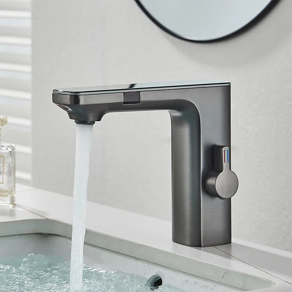 Un robinet simple avec affichage thermostatique et bouton tactile est installé dans une salle de bain. Le robinet est argenté anthracite. 