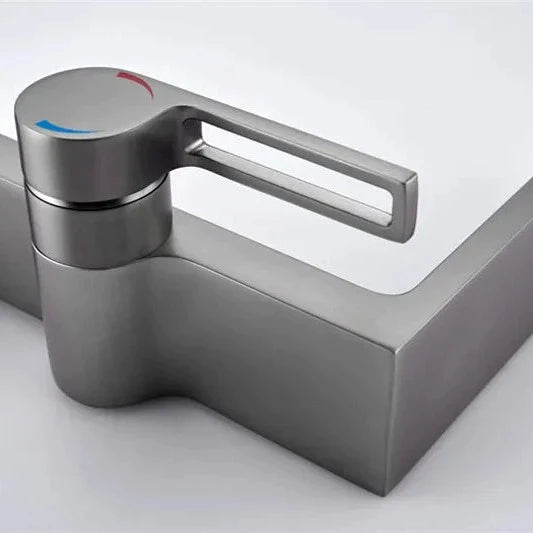 Un robinet lavabo plat rectangulaire minimaliste en laiton argenté, ajoutant une touche d'originalité avec sa poignée subtilement ronde et allongée. Parfait pour une salle de bain moderne.