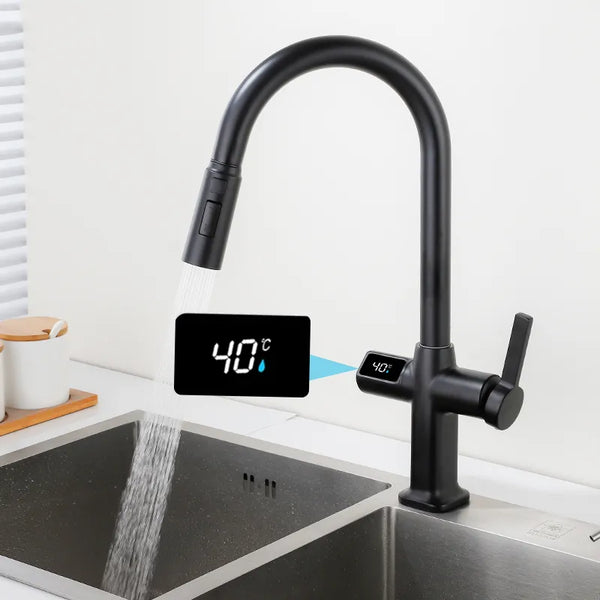 Un robinet de cuisine noir avec affichage numérique et douchette flexible en laiton. Contrôle précis de la température. Design minimaliste et moderne pour toute cuisine contemporaine.