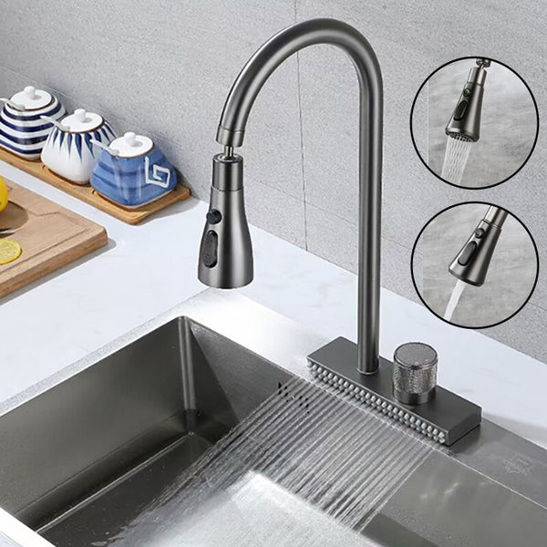 Un robinet évier cuisine cascade douchette multijet argenté en acier inoxydable avec écoulement en cascade et douchette pivotante à 360°. Une expérience inégalée pour votre cuisine.